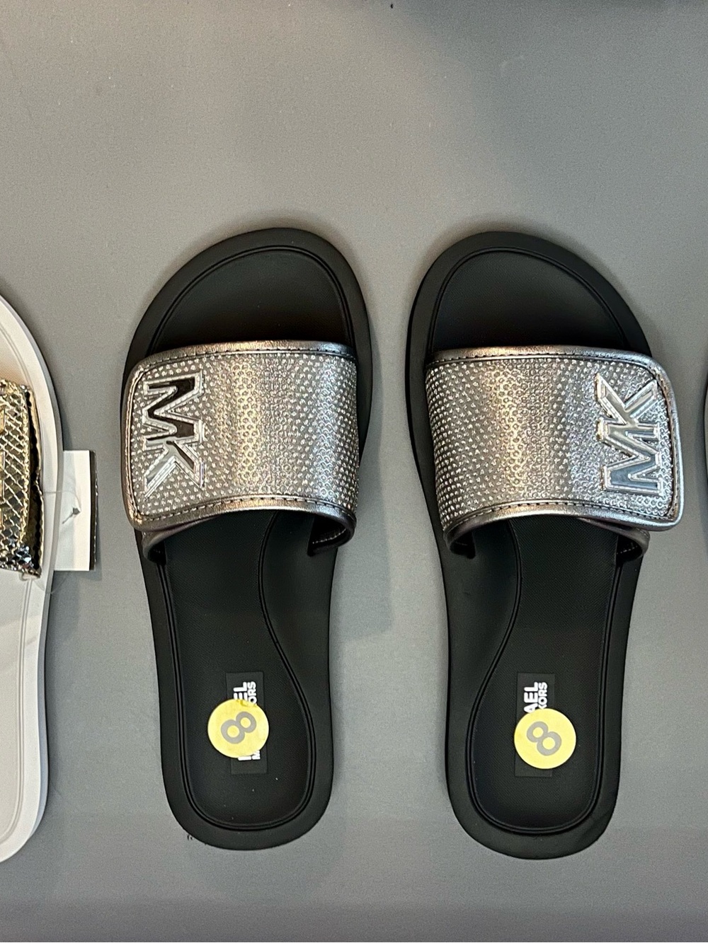 Michael Kors Metallic Logo Slide Sandals in Silver, Gold, and White - Picture 3 of 8